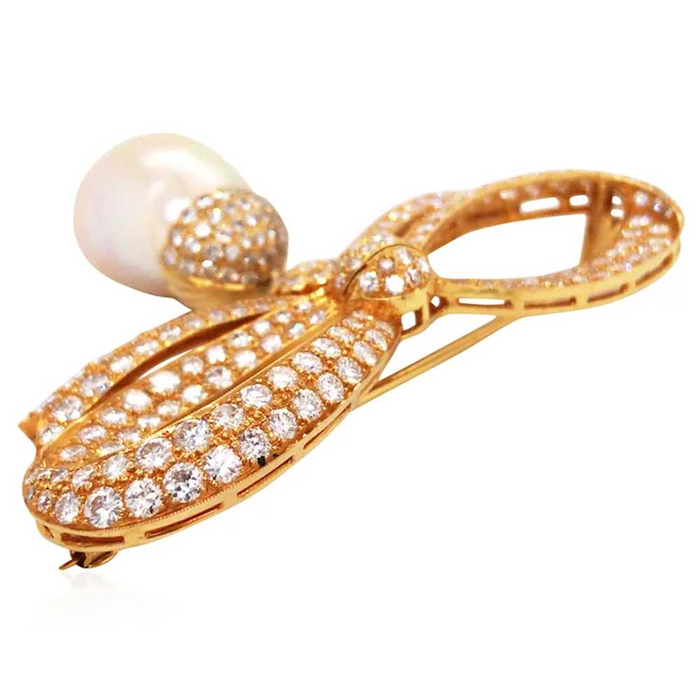 Diamond Pearl Gold Bow Brooch - image 3