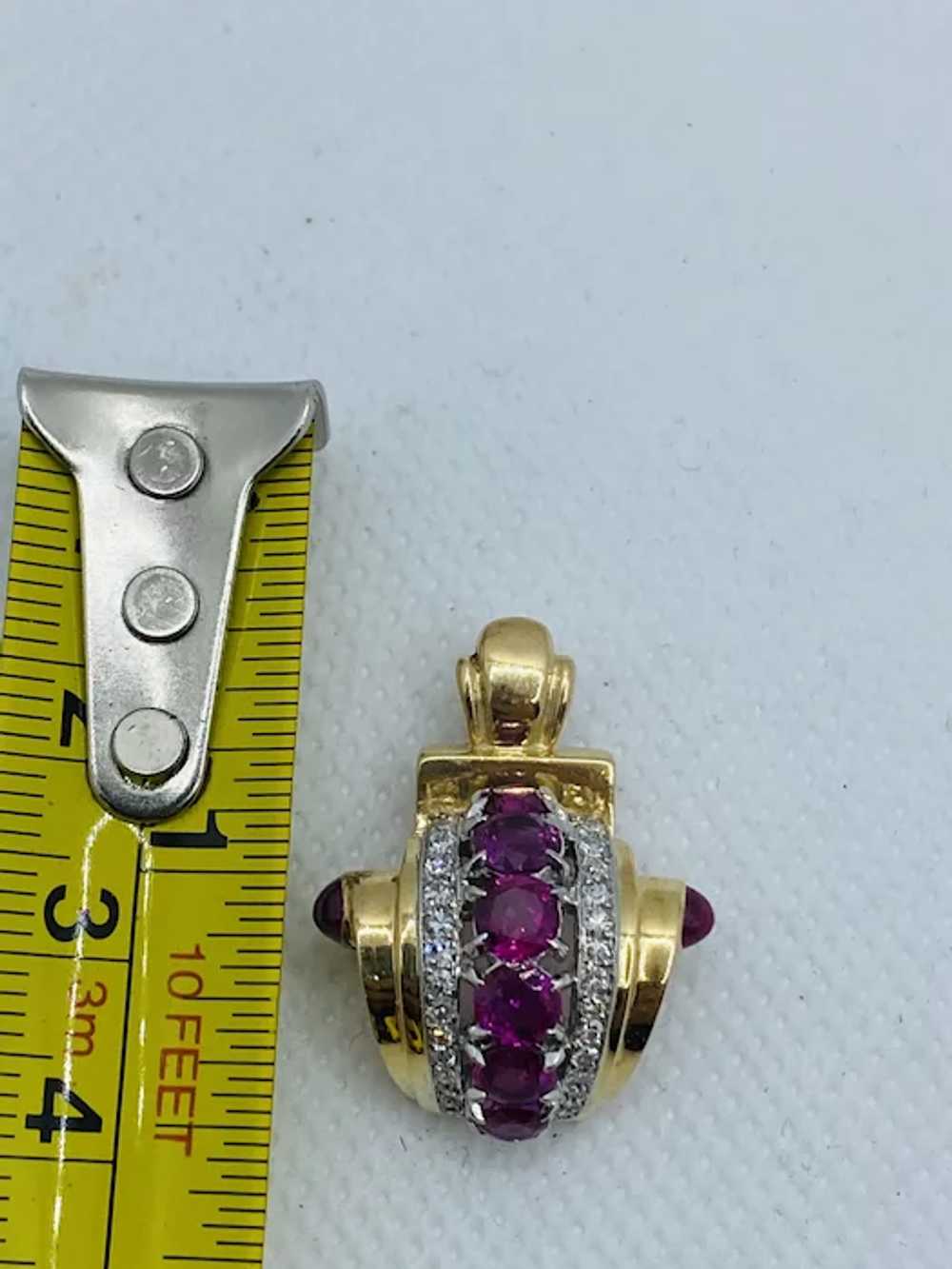 Retro Ruby Diamond 14k Gold Brooch Pendant - image 9