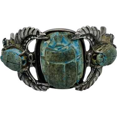 Antique  Scarab Egyptian Faience Bangle Cuff