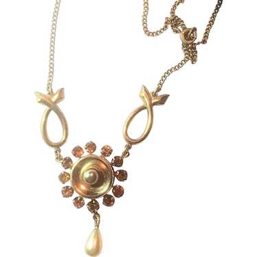 Vintage Drop Pendant Necklace Rhinestones Faux Pe… - image 1