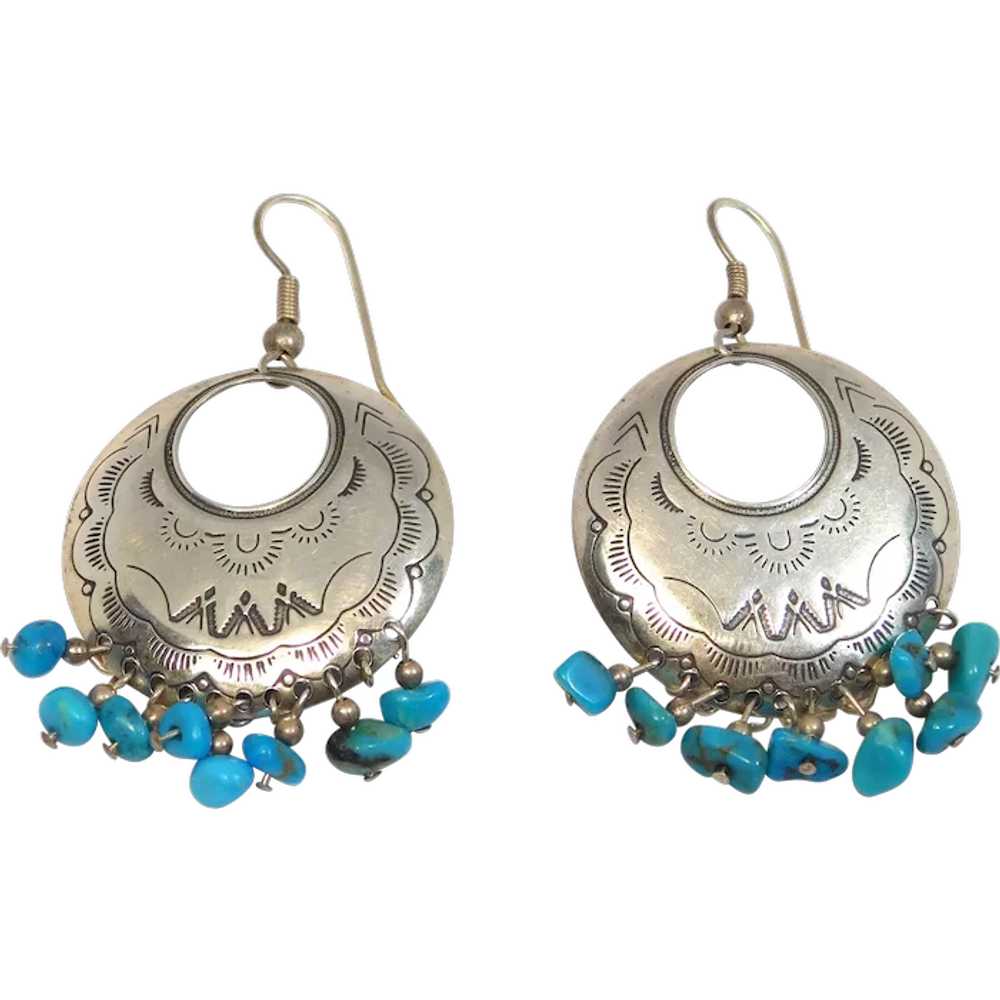 Relios Southwest Sterling Turquoise Stampwork Dro… - image 1