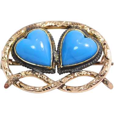 Victorian Gold Filled Double Heart Turquoise Brooc