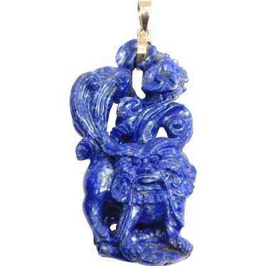 Carved Lapis Lazuli 14k Foo Dog Cheshire Amulet P… - image 1