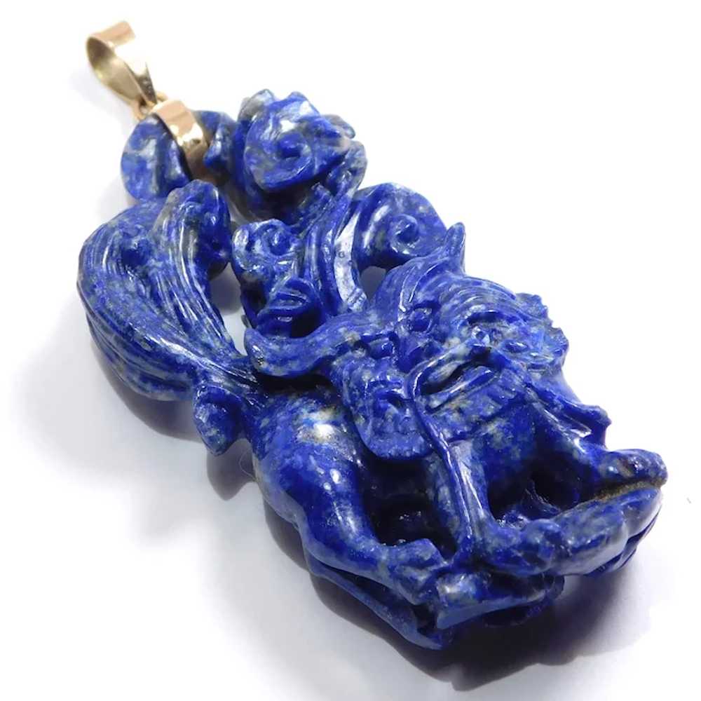 Carved Lapis Lazuli 14k Foo Dog Cheshire Amulet P… - image 2