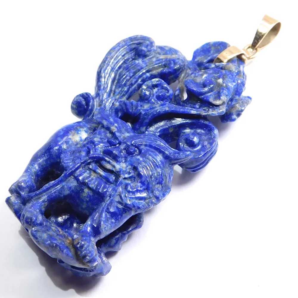 Carved Lapis Lazuli 14k Foo Dog Cheshire Amulet P… - image 3