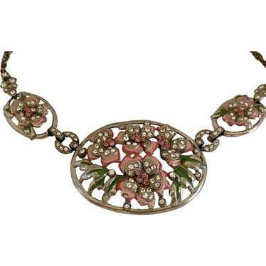 1940s Enameled Rhinestone Paved Flowers Necklace!
