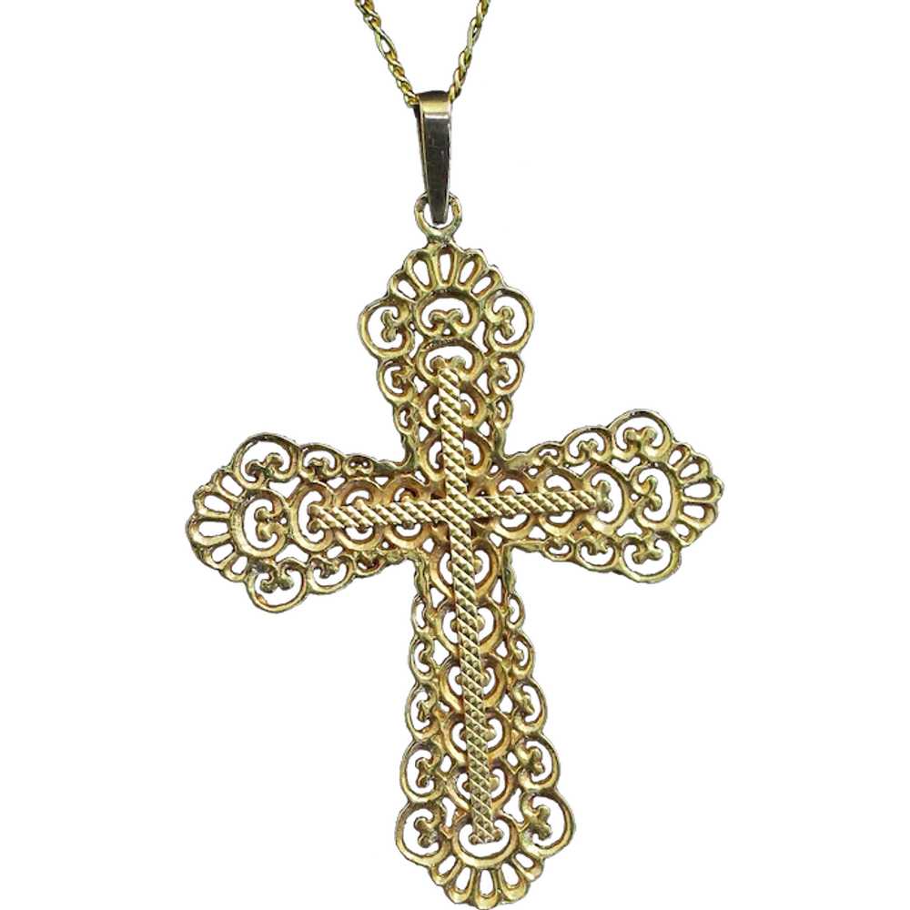 1930's French Solid 18K Gold Open Work Cross Pend… - image 1