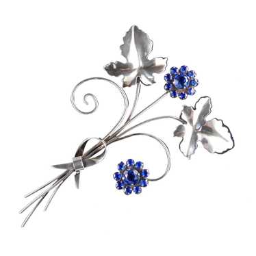 Sterling Silver Rhinestone Floral Spray Brooch Pin - image 1