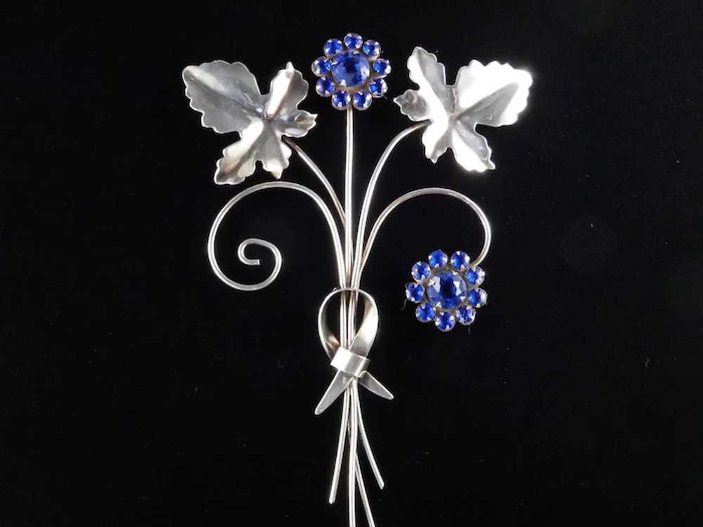 Sterling Silver Rhinestone Floral Spray Brooch Pin - image 2