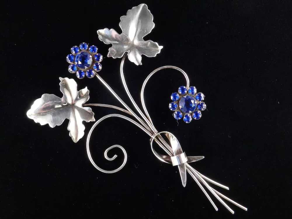 Sterling Silver Rhinestone Floral Spray Brooch Pin - image 3