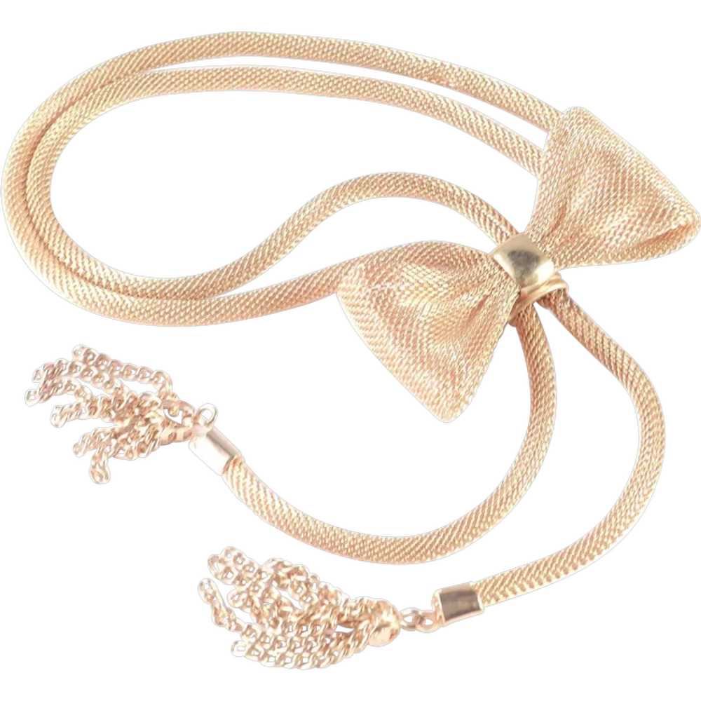Mesh Coil Bow Lariat Bolo Necklace Chain Tassel F… - image 1