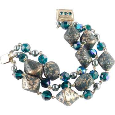 Three Row Crystal Brocade Glass Bead Faux Pearl R… - image 1