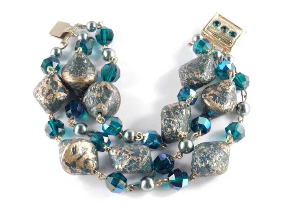 Three Row Crystal Brocade Glass Bead Faux Pearl R… - image 2