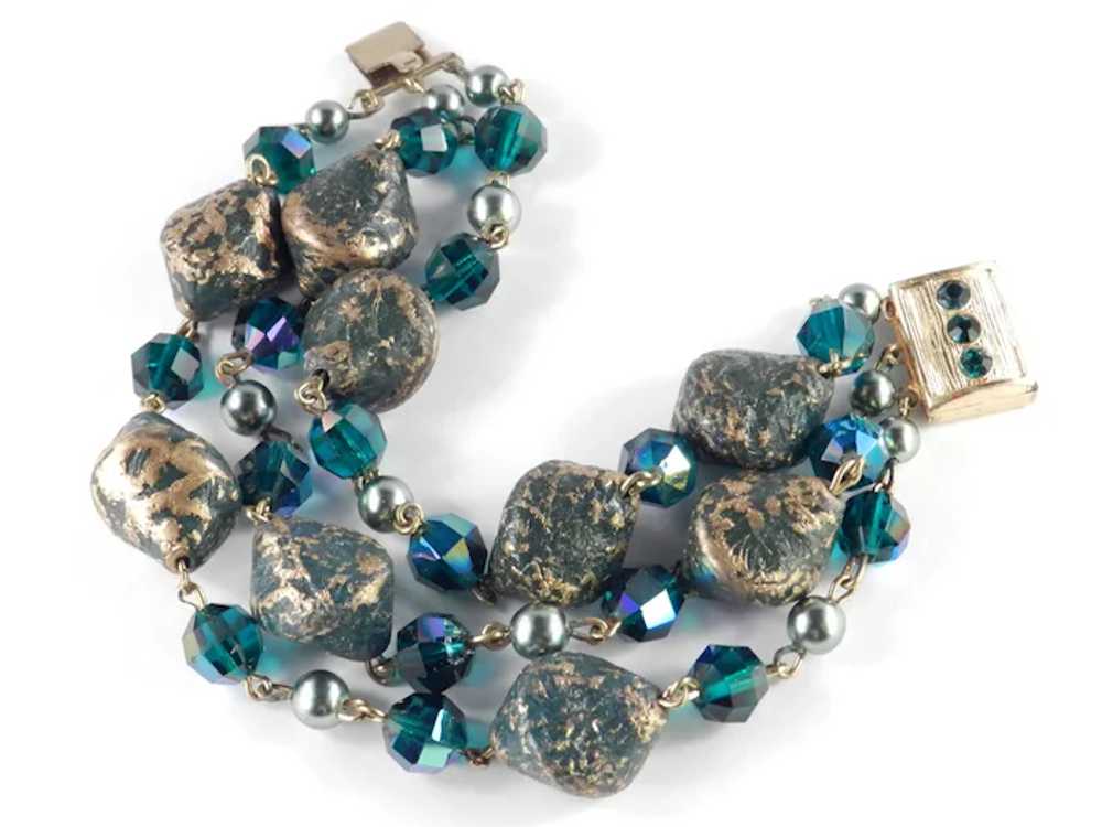 Three Row Crystal Brocade Glass Bead Faux Pearl R… - image 3