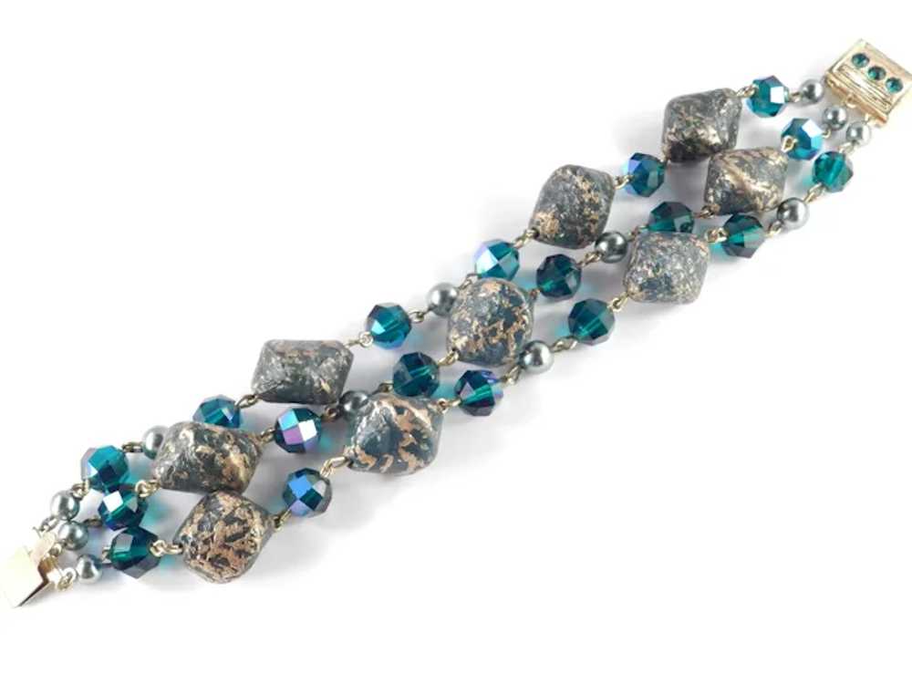 Three Row Crystal Brocade Glass Bead Faux Pearl R… - image 4