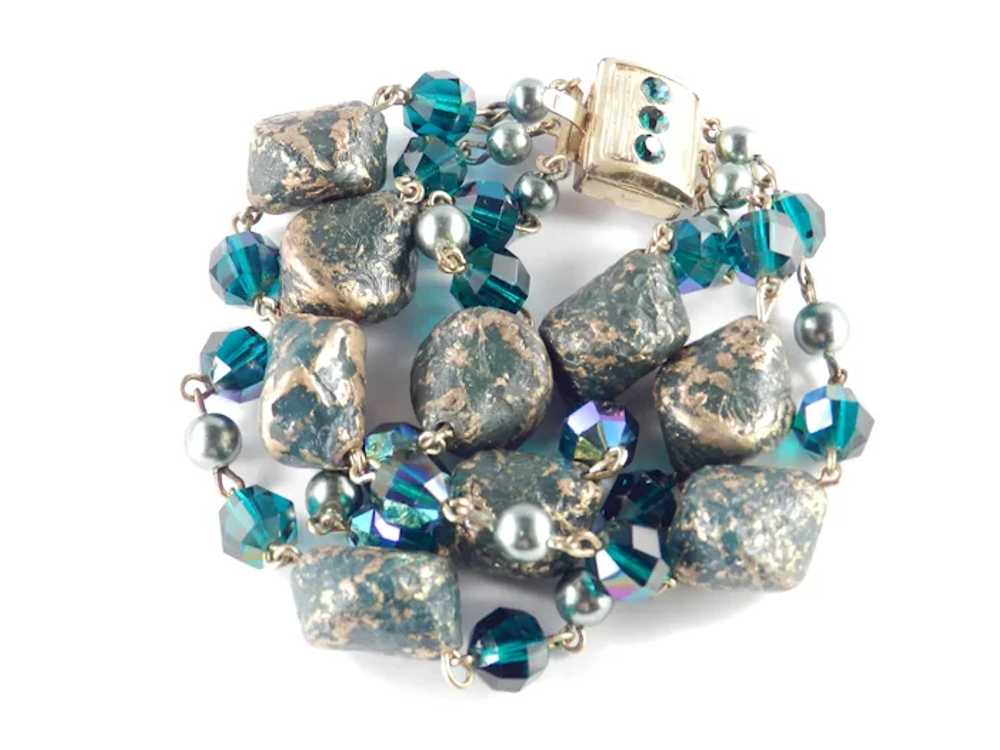 Three Row Crystal Brocade Glass Bead Faux Pearl R… - image 5