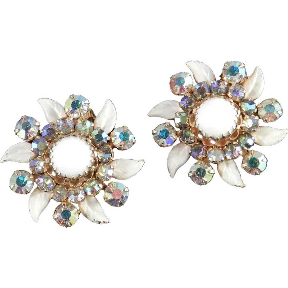 Weiss N.Y. Rhinestone Milk Glass Enamel Earrings - image 1