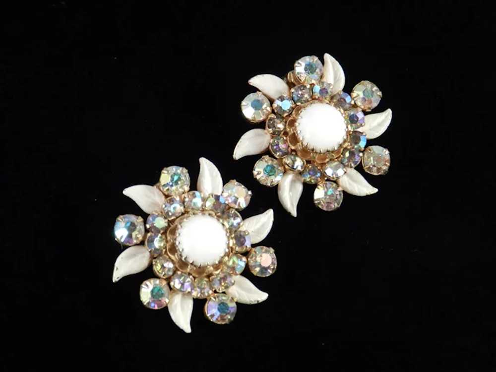 Weiss N.Y. Rhinestone Milk Glass Enamel Earrings - image 4