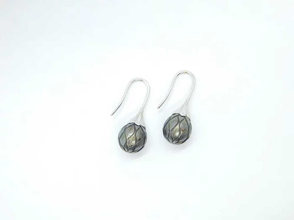 Galatea Carved Black Tahitian Pearl Drop Earrings… - image 2