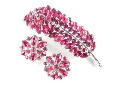 Weiss Red Rhinestone Leaf Feather Brooch Pin Earr… - image 1