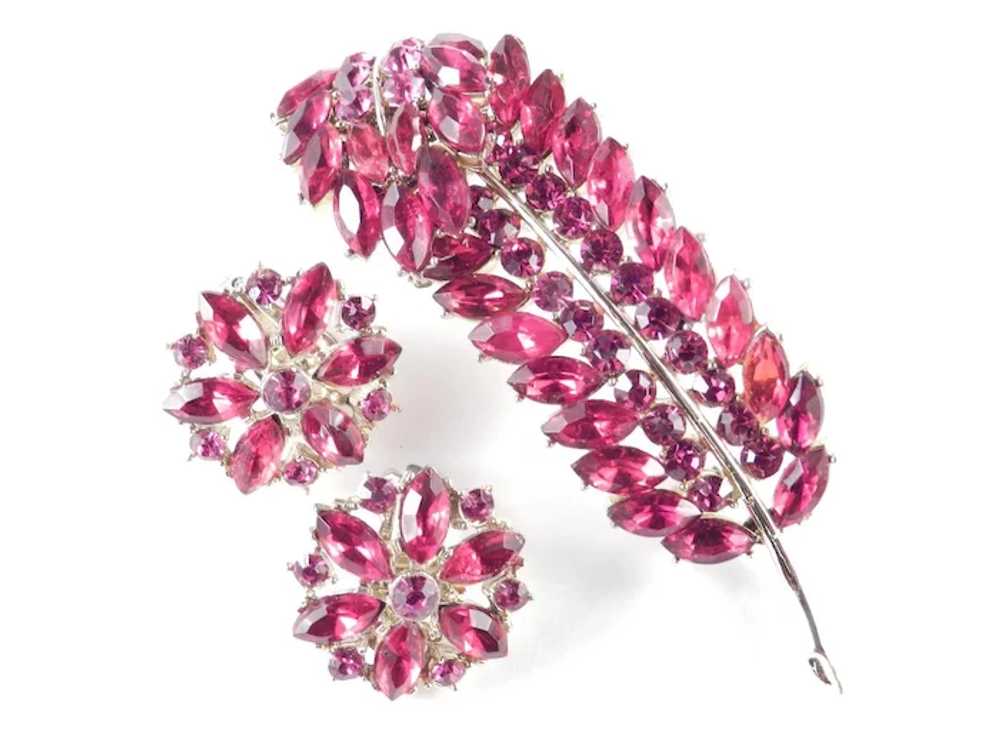 Weiss Red Rhinestone Leaf Feather Brooch Pin Earr… - image 2