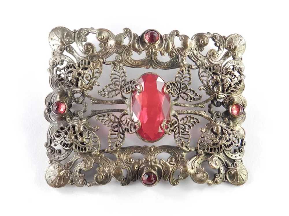 Edwardian Large Sash Pin Brass & Red Glass Stone … - image 2