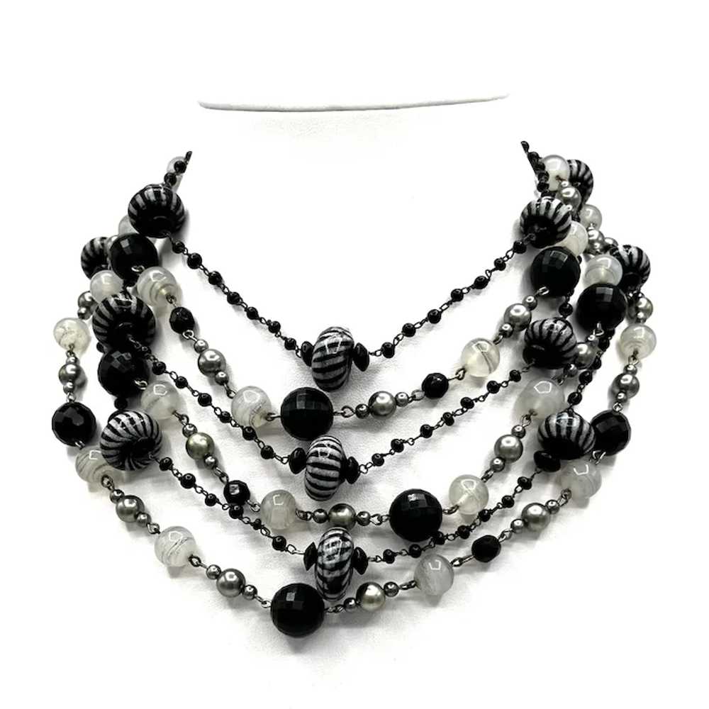 FUN Black and White Six Strand Beaded Necklace - image 2