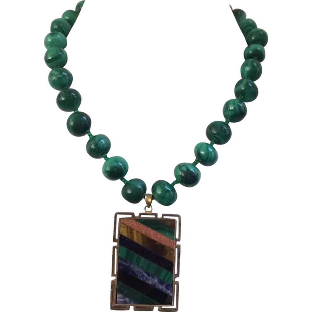 Knotted Malachite Beaded Necklace with Sliced Min… - image 1