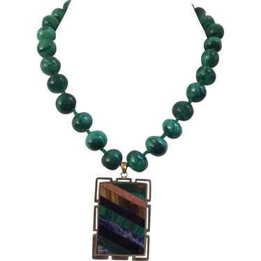Knotted Malachite Beaded Necklace with Sliced Min… - image 1