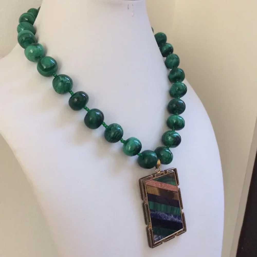 Knotted Malachite Beaded Necklace with Sliced Min… - image 3