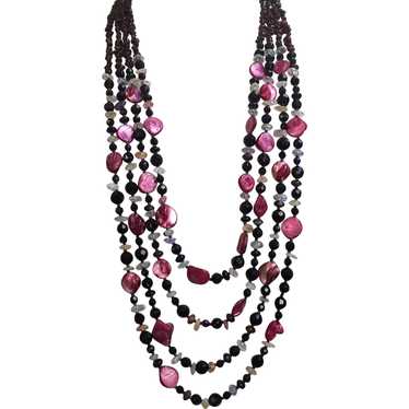 4 Strand Mother of Pearl and Crystal Beaded Neckl… - image 1