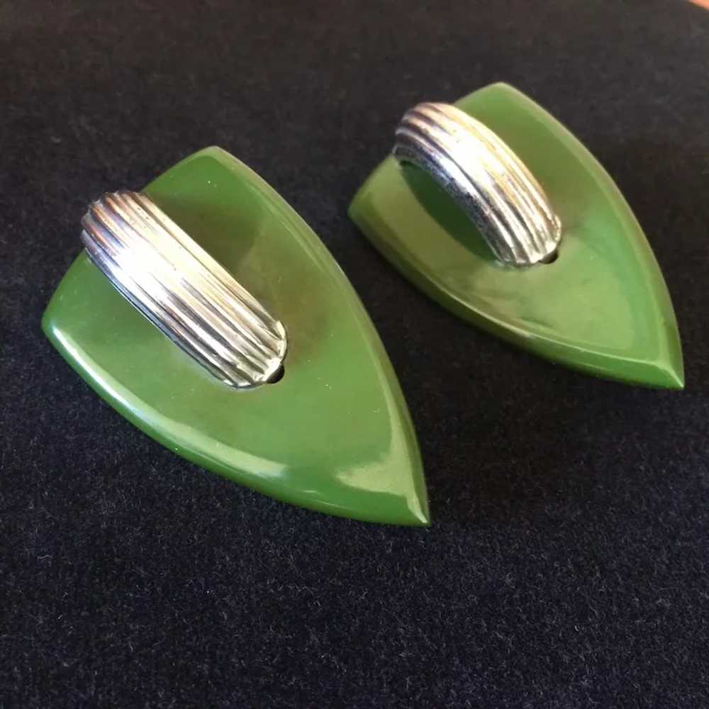 Stunning Green Bakelite and Chrome Earrings - 193… - image 2