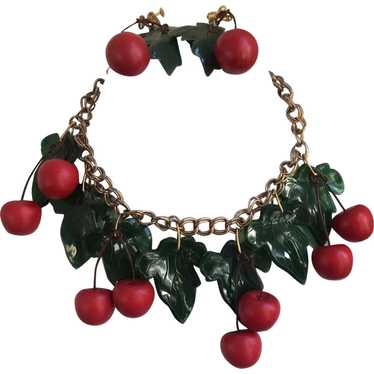 Vintage Wood Cherry Necklace and Earring Set - image 1