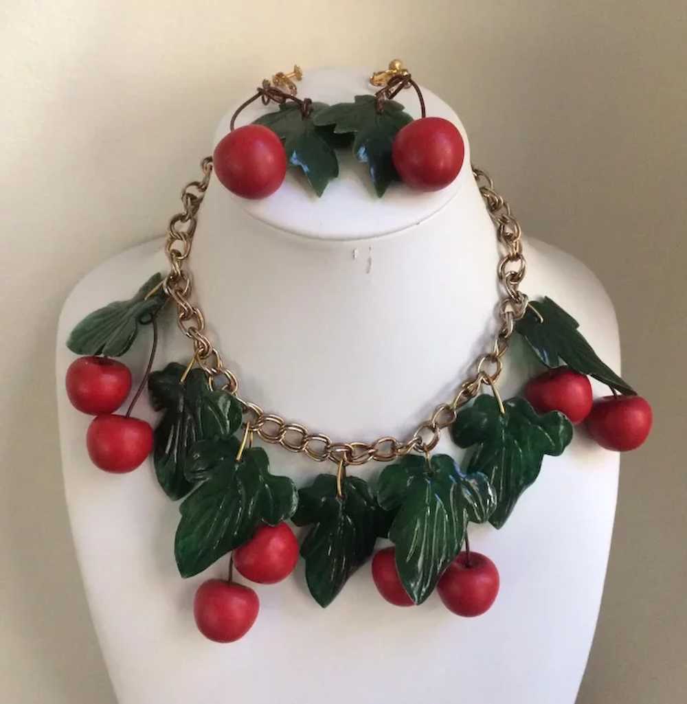 Vintage Wood Cherry Necklace and Earring Set - image 2