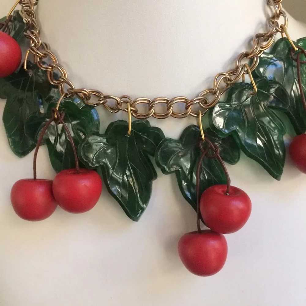 Vintage Wood Cherry Necklace and Earring Set - image 3