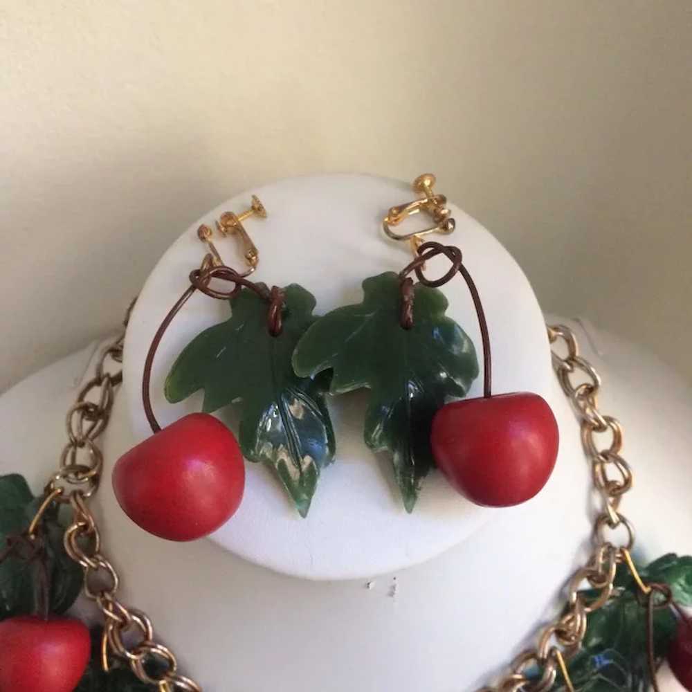 Vintage Wood Cherry Necklace and Earring Set - image 4