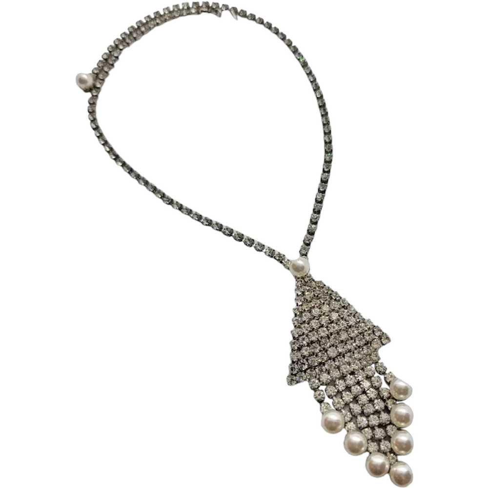 Vintage Rhinestone Faux Pearl Fringe Necklace - image 1