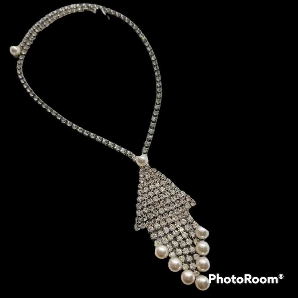 Vintage Rhinestone Faux Pearl Fringe Necklace - image 2