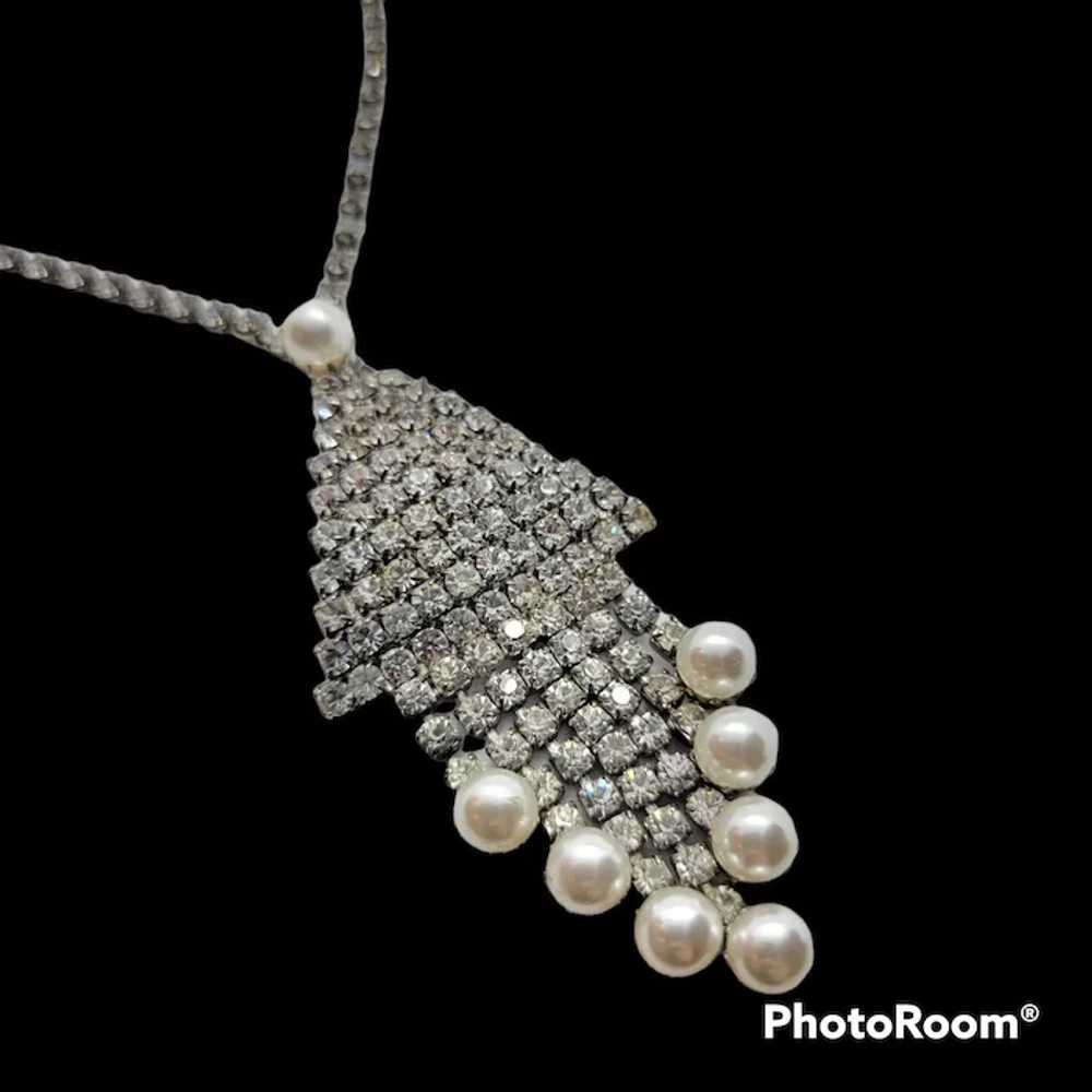Vintage Rhinestone Faux Pearl Fringe Necklace - image 3