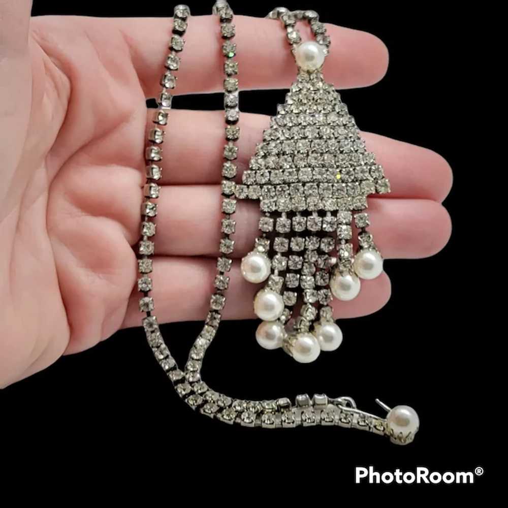 Vintage Rhinestone Faux Pearl Fringe Necklace - image 4