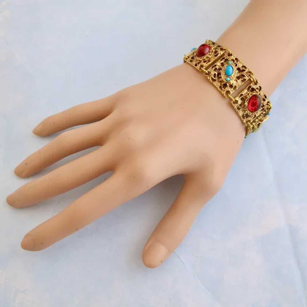 Vintage Coro Red and Turquoise Cabochon Link Brac… - image 2