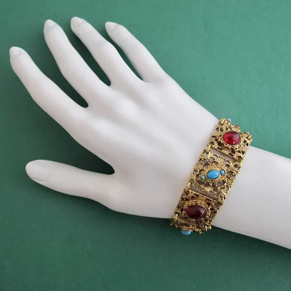Vintage Coro Red and Turquoise Cabochon Link Brac… - image 3