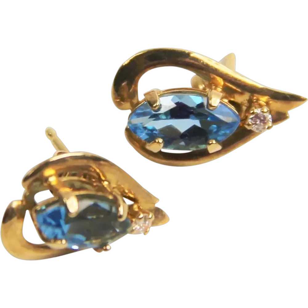 Estate Vintage 14 kt Gold Diamond & Blue Topaz Ea… - image 1