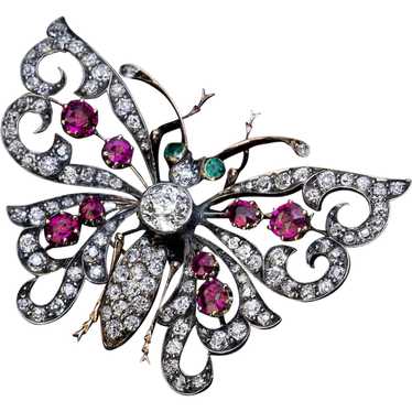 Antique Diamond Ruby Emerald Butterfly Brooch - image 1