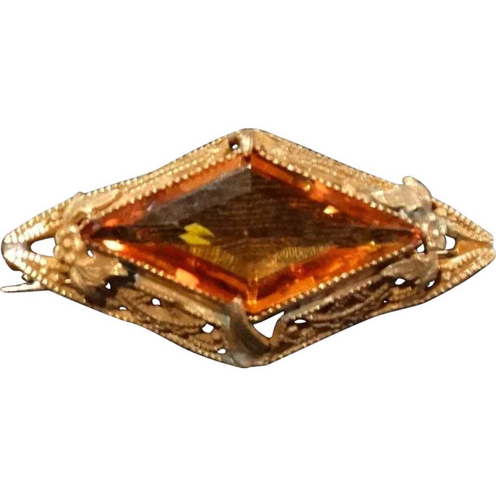 Edwardian Filigree Etruscan Amber Crystal Brooch … - image 1