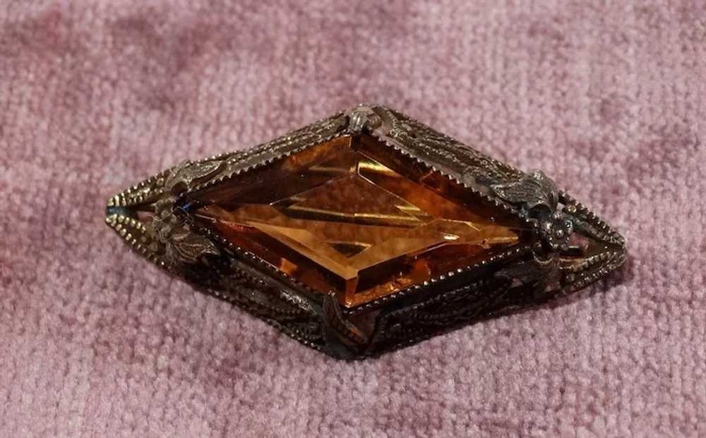 Edwardian Filigree Etruscan Amber Crystal Brooch … - image 2