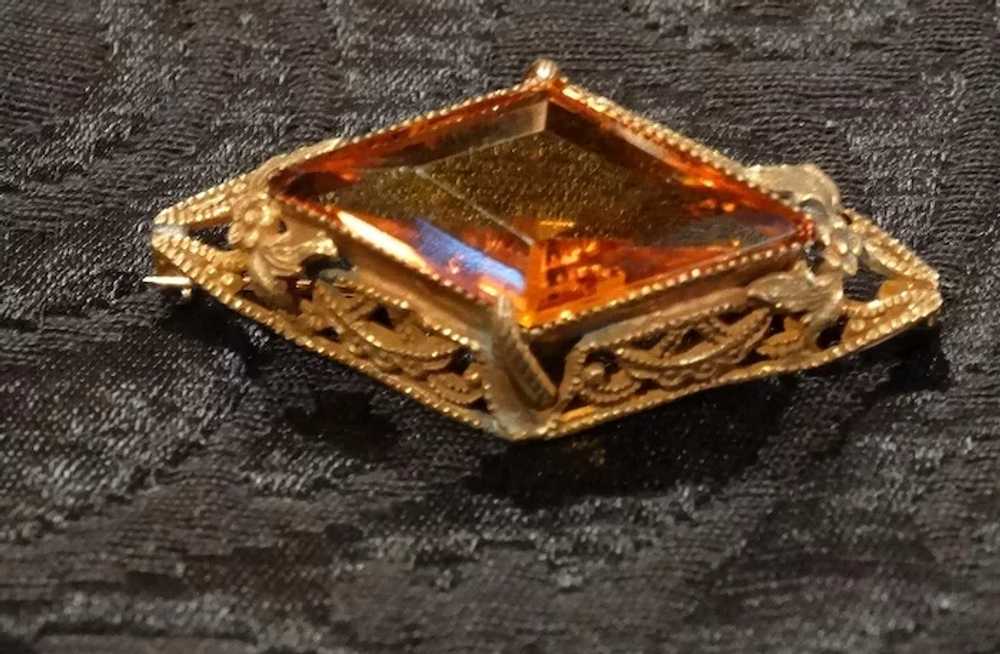Edwardian Filigree Etruscan Amber Crystal Brooch … - image 3