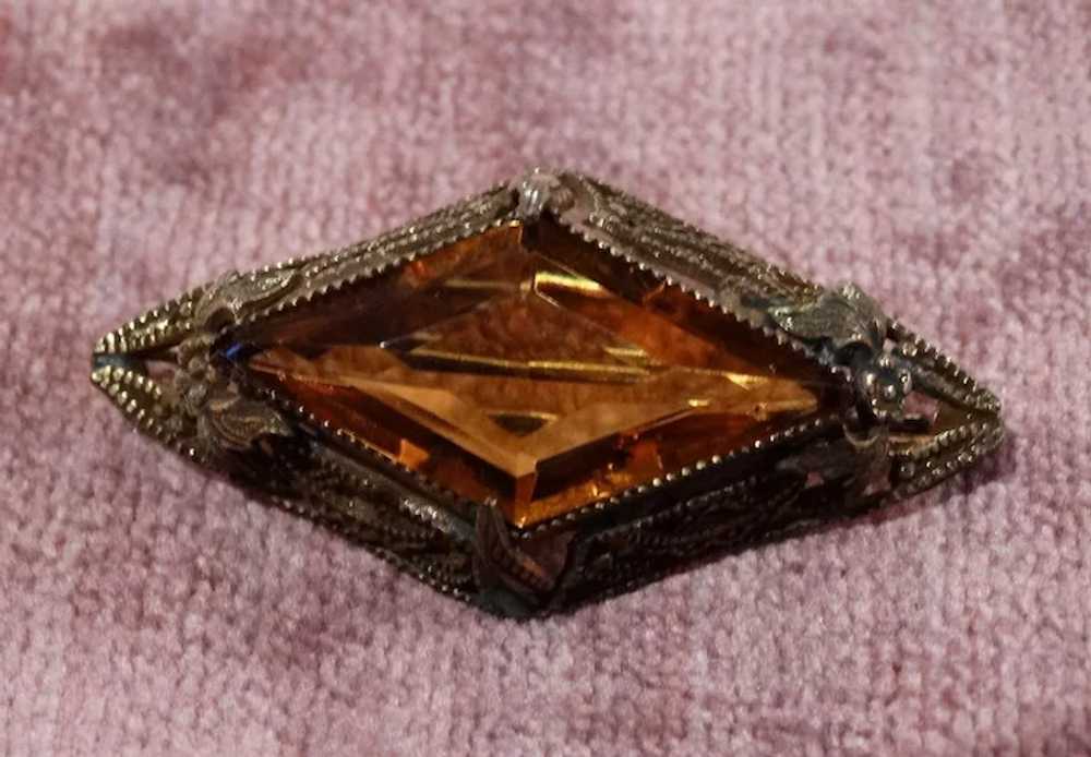 Edwardian Filigree Etruscan Amber Crystal Brooch … - image 5