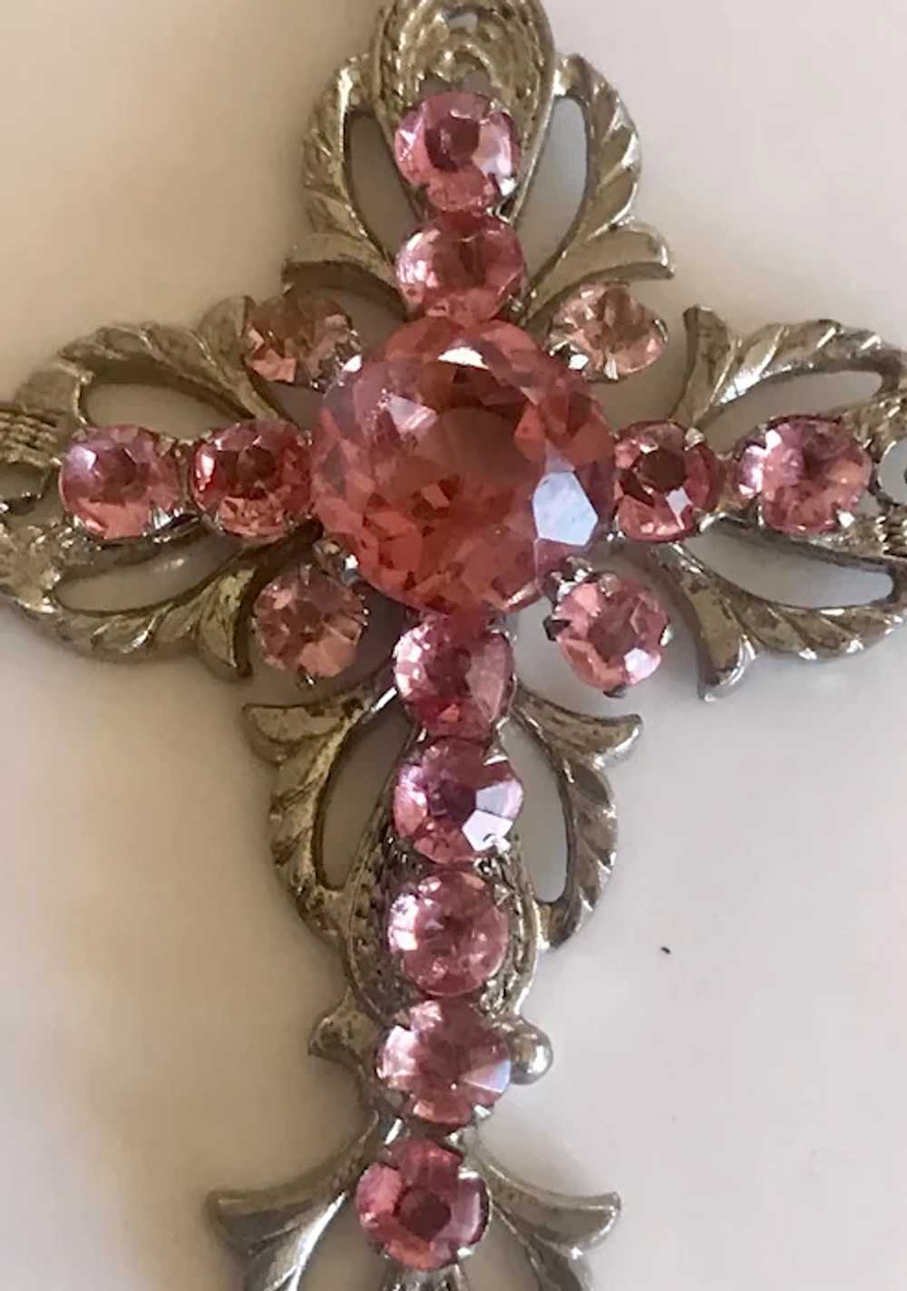 Georgian Pink Paste in Silver Filigree Cross Pend… - image 2
