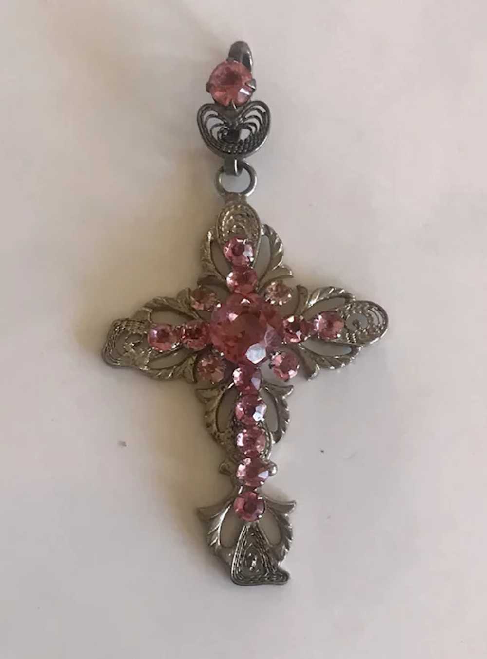 Georgian Pink Paste in Silver Filigree Cross Pend… - image 6